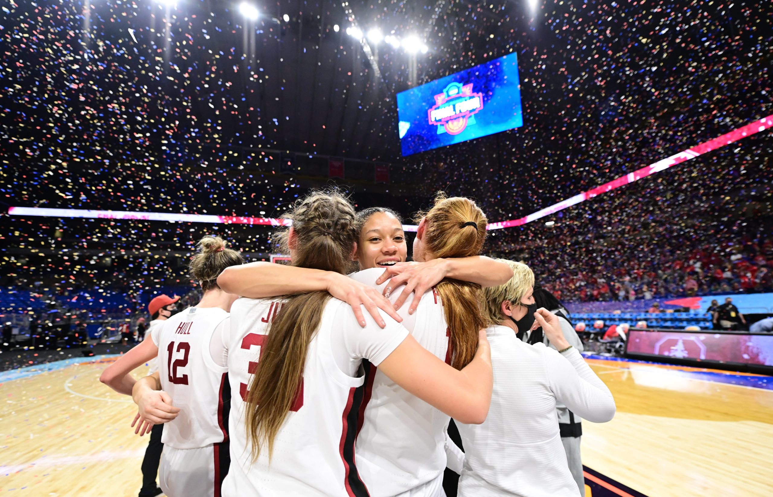 SAN ANTONIO, TX - APRIL 4: Stanford Cardinal players celebrate their win over the Arizona Wildcats in the championship game of the NCAA WomenÕs Basketball Tournament at Alamodome on April 4, 2021 in San Antonio, Texas. (Photo by Ben Solomon/NCAA Photos via Getty Images)