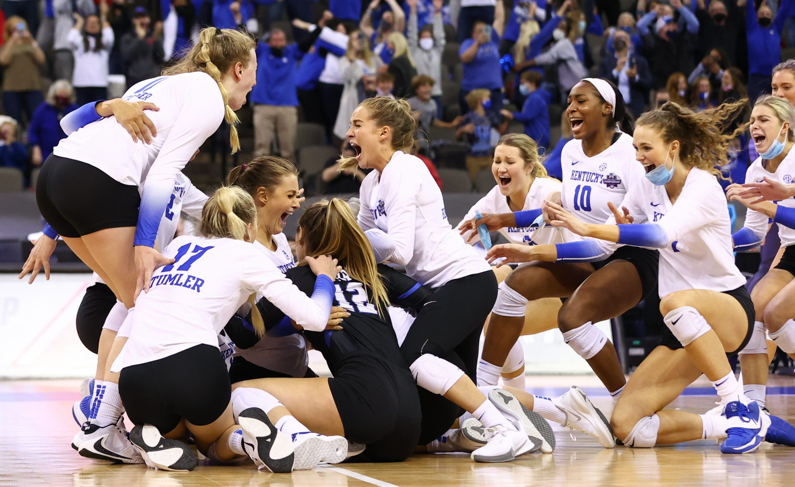 OMAHA, NE - APRIL 24: Kentucky celebrates winning against Texas during the Division I Women’s Volleyball Championship held at the Chi Health Center on April 24, 2021 in Omaha, Nebraska. (Photo by Jamie Schwaberow/NCAA Photos via Getty Images)