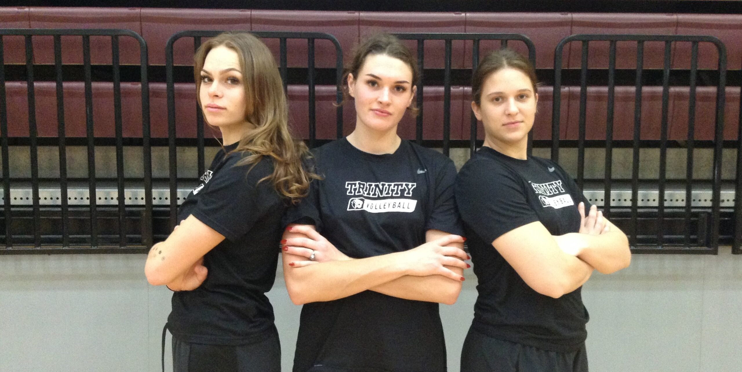 Trinity seniors Sarah Williammee (left to right), Sara Flynn and Emily Ellis have been instrumental in the Tigers being the top blocking team in NCAA Division III.